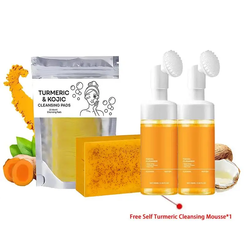 4 in 1: Turmeric Cleansing and Care 4-piece Set, including 2 turmeric cleansing mousses, turmeric slices, and turmeric soap, for facial cleansing and skin care.