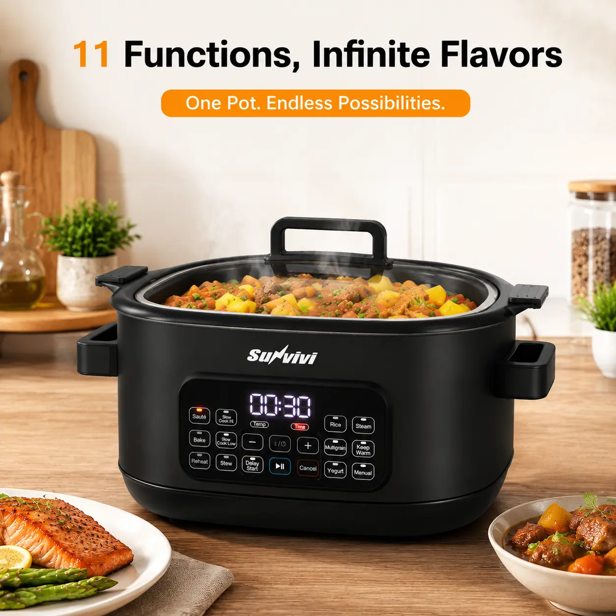 Sunvivi 12-in-1 Multi-Function Slow Cooker Roaster Oven, 6.5QT Silver Digital Programmable Model with Aluminum Rack, Large Removable Nonstick Crock, Glass Lid, Timer, Temp Control, Delay Start, 120V 1500W home essential, 6.0L,home essential