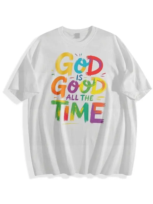 Inspirational Christian Graphic Tee, God Is Good All The Time Rainbow Brush Text Casual Crew Neck T-Shirt