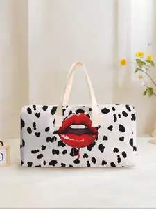 Large Capacity Corduroy Travel Duffle Bag Lightweight Weekender Bag Luggage Backpack, Lip Pattern Printed Casual Yoga Fitness Handbag, Ideal for Short Trips Weekend Outing Daily Commute Travel Duffels