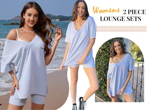 EKOUAER V-neck Two-Piece Pajama Set For Women Summer Casual Oversized Split Hem Shirts & Biker Shorts Minimalist Lounge Wear Soft Homewear Cozy Pjs Clothes Comfy EKOUAER V-neck Two-Piece Pajama Set For Women Summer Casual Oversized Split Hem Shirts & Biker Shorts Minimalist Lounge Wear Soft Homewear Cozy Pjs Clothes Comfy