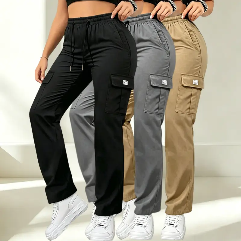 Women’s cargo pants for spring/autumn, casual long pants with elastic waistband and multiple pockets, suitable for outdoor activities and everyday wear.