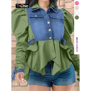 Women’s colorblock ruched knot design long-sleeve button-front blouse shirts, casual chic leg-of-mutton sleeve pocket top for spring and fall, women’s clothing