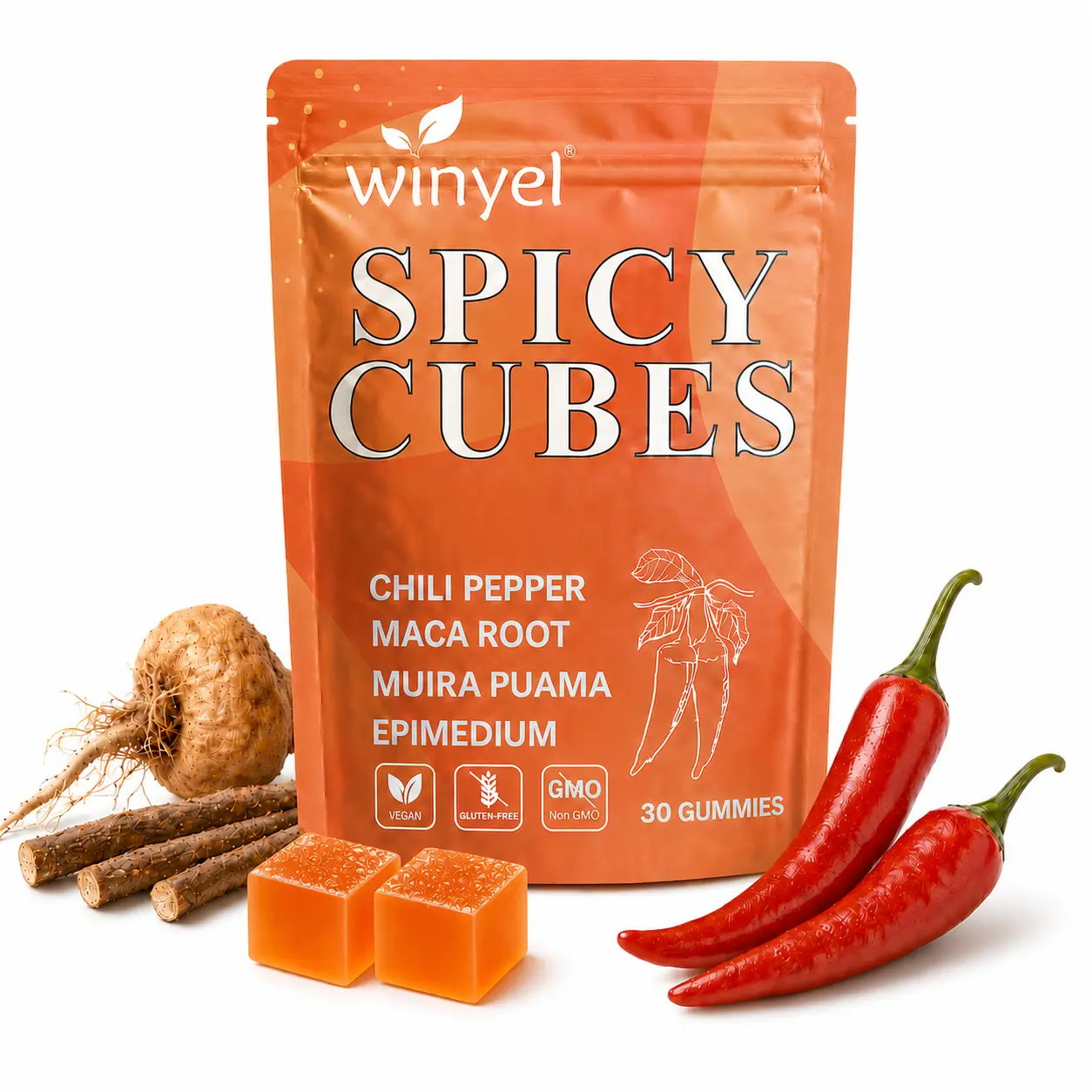 Spicy Cubes Intimacy Wellness Gummies | Peach Flavor with Chili Pepper, Maca Root, Muira Puama & Epimedium | 30-Count SummerVibes Intimacy Wellness Supplement