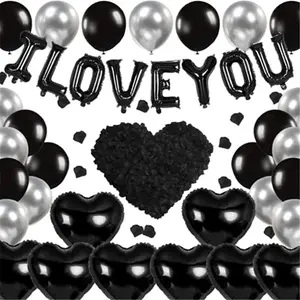 Black Silver I Love You Foil Balloons Set 33PCS Black Heart Shaped Balloons with 1000 Pieces Rose Petals Silver Latex Balloon Decorations for Him Her Valentines Galentines Day Anniversary Party