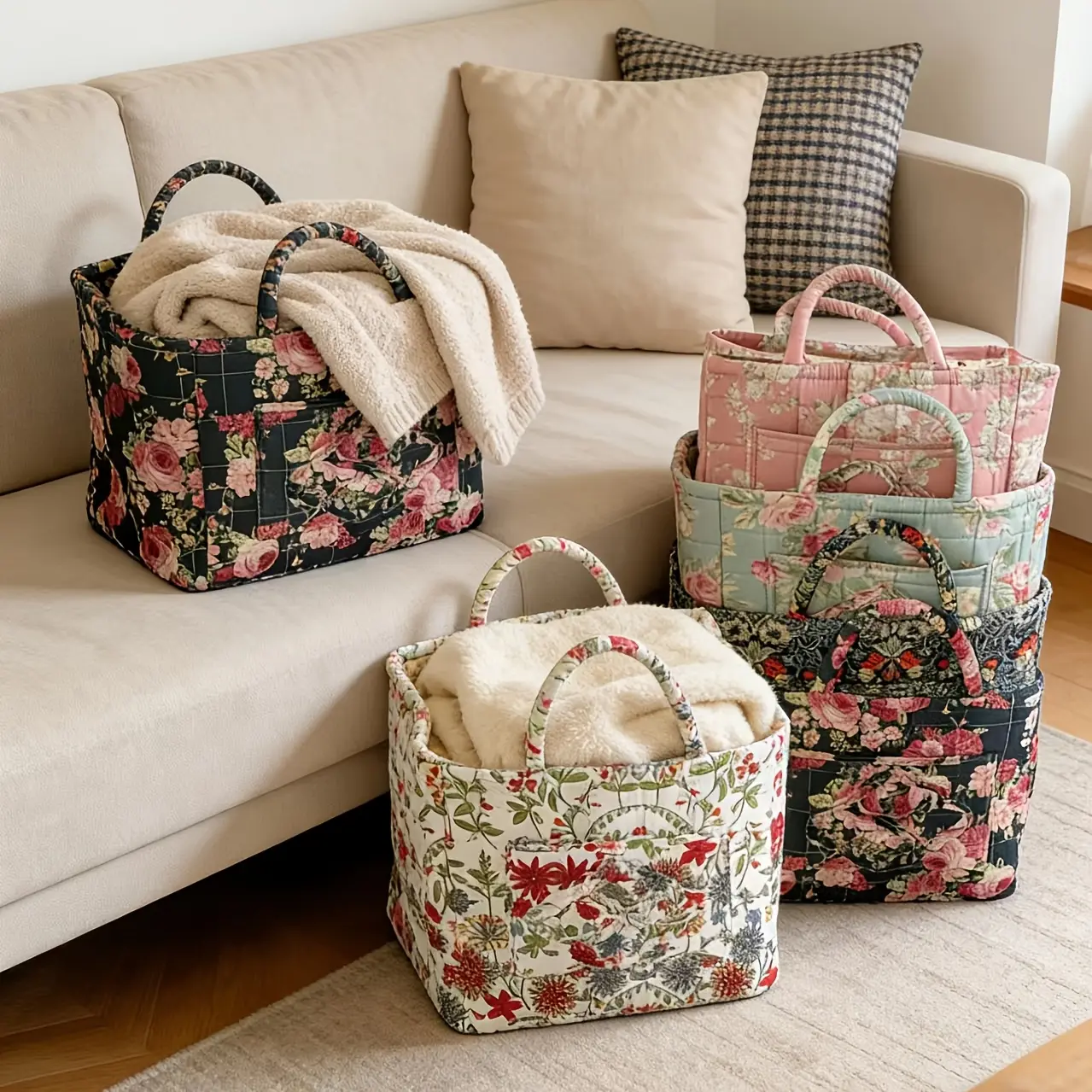 Quilted Flowers Print Organiser Basket, Retro Large Portable Storage for Home Decor, Camping & Hiking Gear, Pink Peony, Sturdy House Organizers