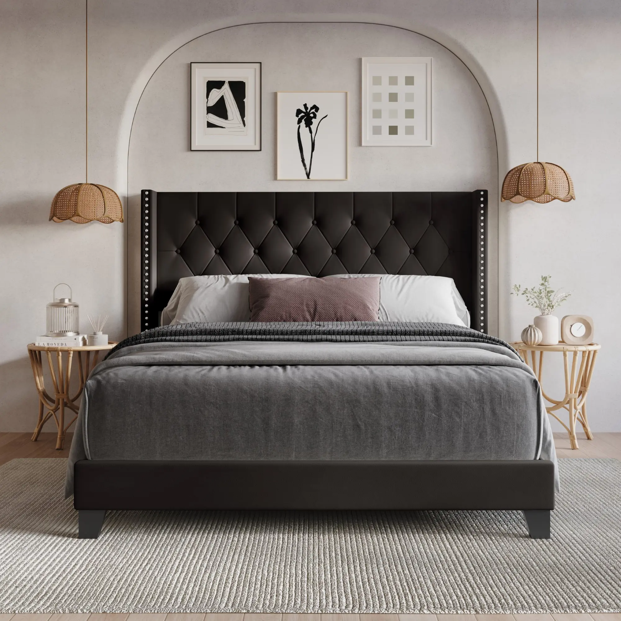 Favorer Homer Tufted Wingback Upholstered Bed with Nailhead Trim – Elegant Button Headboard Design