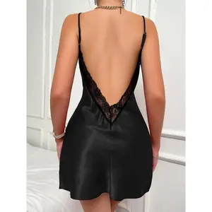 Sexy Solid Satin Lace Trim Slip Nightdress, V Neck Backless Sleep Mini Dress, Women's Sleepwear & Dresses nightgown black pijama sexy nightgown