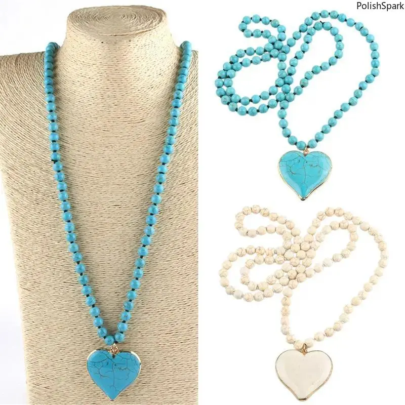 Turquoise Heart Pendant Beaded Chains Necklace - Boho Western Long Layered Sports & Outdoor Accessory, Casual Trendy Jewelry, Colorful Bead Fashion Accessory, Accessory Necklace tiktokshopbacktoschool