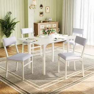Dining Table Set for 4, Extendable Kitchen Table Cushion Chairs Set of 4, Rectangle Dining Table with Metal Frame & MDF Board, Folding for Small Apartment Saving Space, White