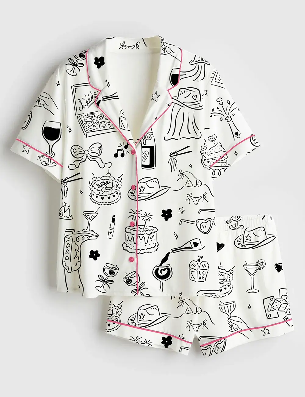 Women’s Hand Drawn Bachelorette Whimsical Girls Night Bach Party Print Short Sleeve Pajama Set #Pajamas
