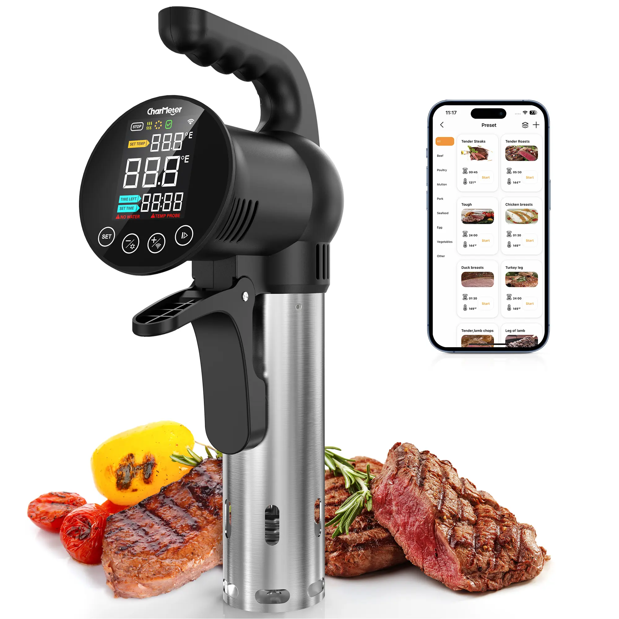 CharMeter 1000W Immersion Sous Vide Cooker Circulator - LCD Screen, APP Remote Control, Intelligent Scheduling, Dual Protection for Beef, Chicken Steaks