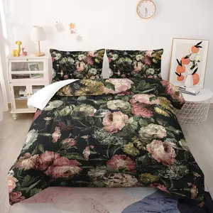 Boho Floral Comforter Queen Black Floral Sets 3PCS for Teen Adult Flowers Leaves Room Ultra-Lightweight Microfiber 1 Comforter with 2 Pillowcases