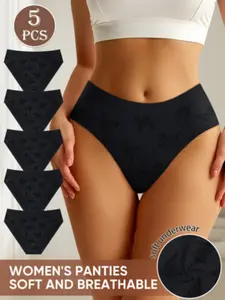 Women's Low Waist Panties Set of 5, Comfortable Everyday Butterfly Pattern, Elegant Fitted Breathable Triangle Underwear, All Seasons Wear