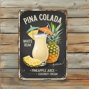 Vintage Style Metal Sign Featuring 2D Flat Design of Pina Colada with Tropical Drink and Pineapple Motif Ideal for Bedroom Kitchen Office and Bathroom Decor