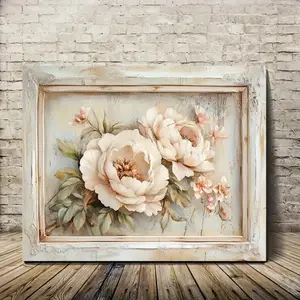 JIT 1PC French Peony Vintage Cream Canvas Wall Art - Pine Wood Framed Floral Painting,Soft Pastel Colors  Distressed White Finish for Home, Office, Dorm, Kitchen Decor, Dorm Room Decoration, Rustic Aesthetic, Handcrafted Look