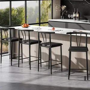 GAOMON 25.2" Bar Stools Set of 4 with Wide PU Upholstered Seat, Counter Height Bar Stools Set with Footrest & Curved Back, Metal Barstools Set for Kitchen Islands, Counter Bars, Black