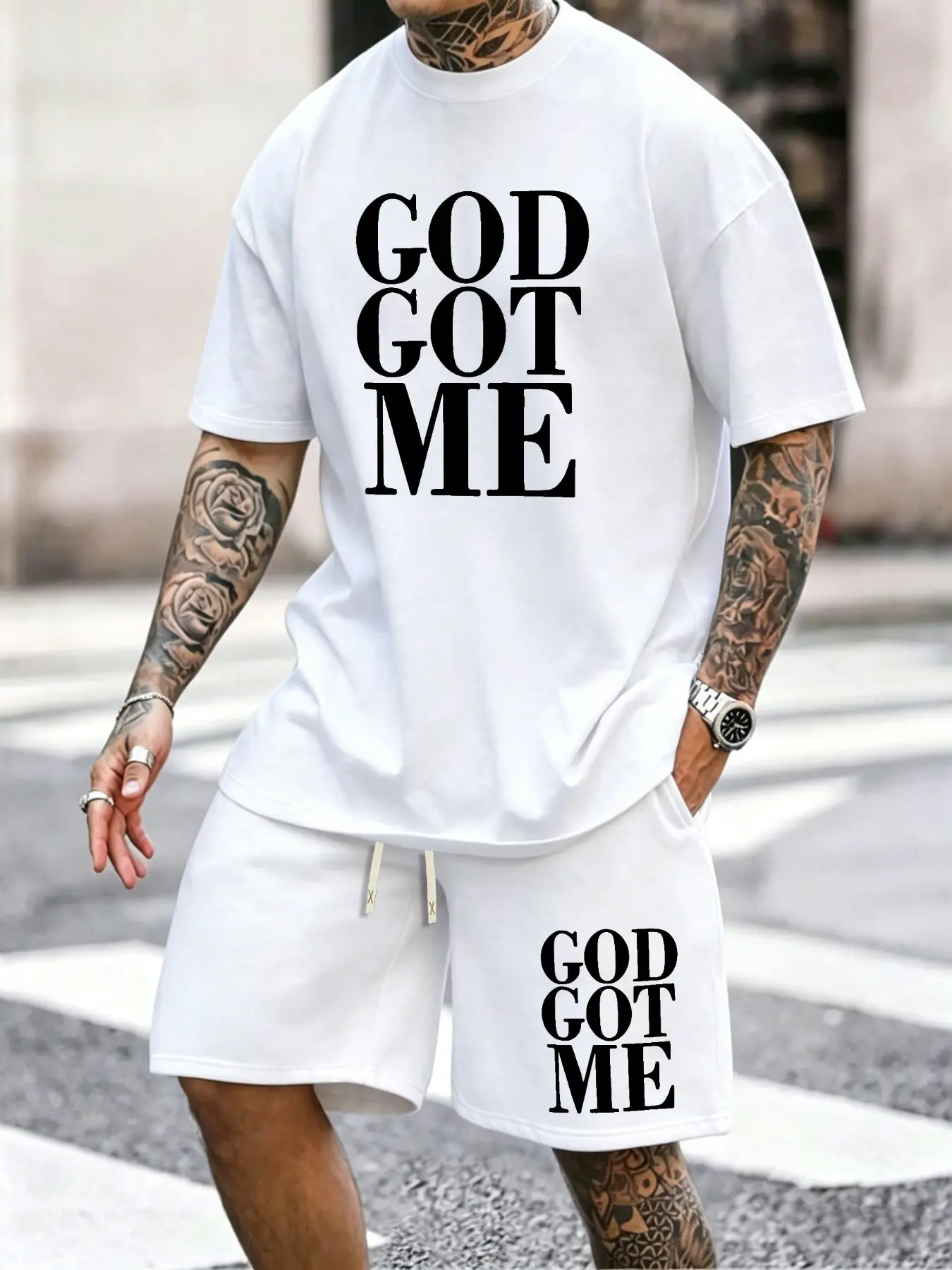 Men's GOD GOT ME Graphic 2-Piece Outfit Set - Oversized T-Shirt & Drawstring Shorts, Streetwear Style Casual Matching Tracksuit for Summer Daily Wear #MensStreetwear #OOTDMen #SummerFashion #CasualOutfitSet #GodGotMe