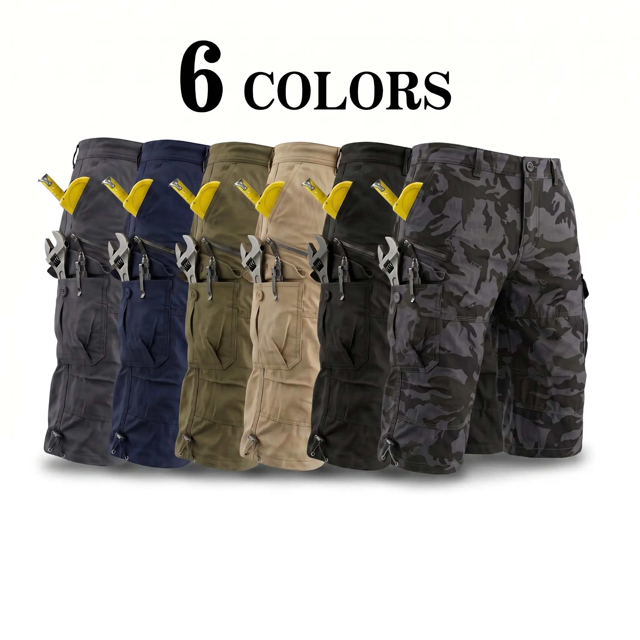 Men’s 100% cotton mid-length cargo tactical shorts with six pockets and multi-tool storage; outdoor work shorts with adjustable drawstring cuffs; suitable for fishing, camping, hiking, property management, security, and field patrols.