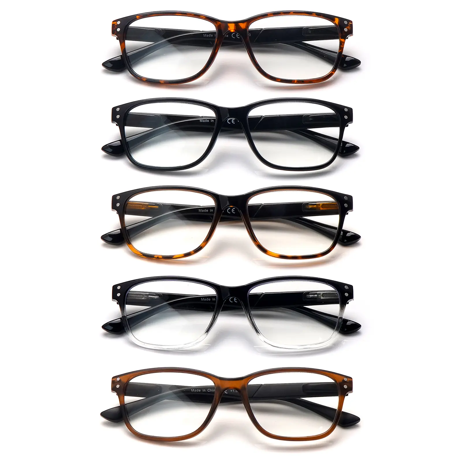 Unisex 5-Pack Anti-Blue Light Reading Glasses with Spring Hinges, Lightweight Gradient Rectangular Frames, UV Protection, Durable Lenses, Adjustable Fit – Stylish Eye Care Accessory for Reading, Computer Work, Gift in Box
