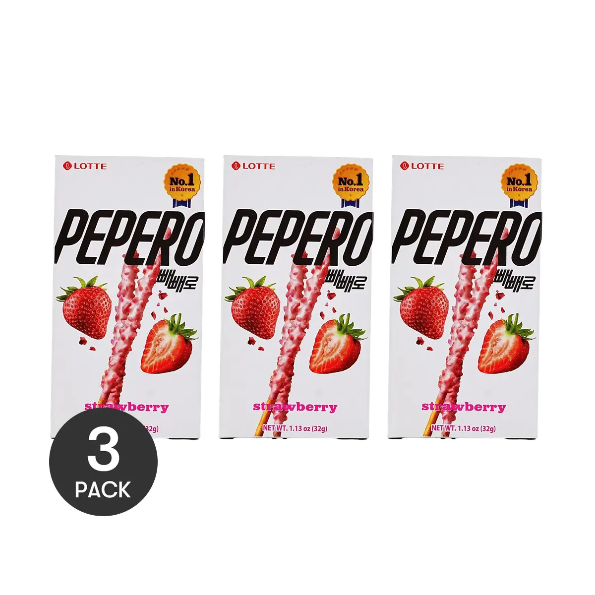 LOTTE Pepero Strawberry Cream Coated Biscuit Sticks 3-Pack (32g Each) - Korean Snack