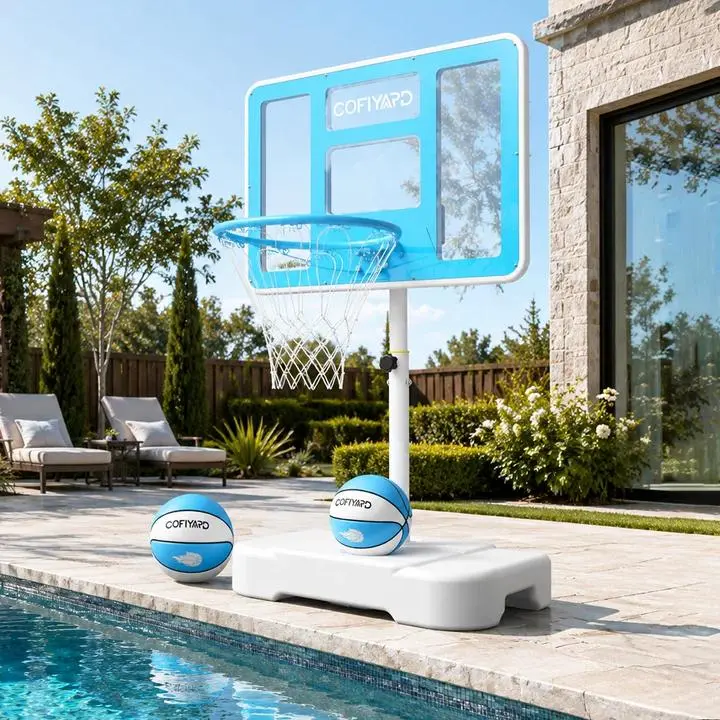 COFIYARD 32/40 Inch Pool Basketball Hoop, Adjustable Height 2.95-3.95 FT, Shatterproof Backboard with 2 Balls & Air Pump, Water Basketball Game Set for Teens Adults