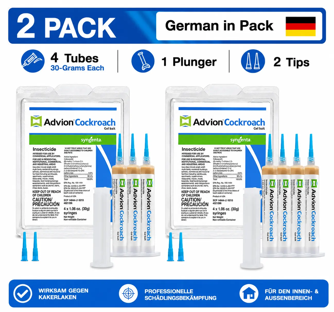 Advion Cockroach Gel Bait 2 Pack, 8 x 30g Tubes, Roach Killer Gel, German Roach Killer, Cockroach Bait Gel, Indoor & Outdoor Pest Control, Kills German, American & Large Roaches, 2 Plungers & 4 Tips