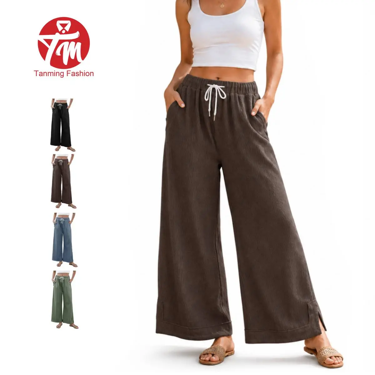 Tanming Women's Casual Palazzo Pants - Loose Fit Wide-Leg Bottoms with an Elastic Drawstring Waist, Pockets & Side Slit, Casual Elastic Waisted, Basic, Drawstring Pants, Loose Pants
