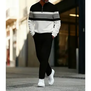 Men's Black and White Contrast Sports Suit Half-Zip Digital Print Top with Ankle Length Black Casual Pants Comfortable Fabric for Daily Commuting