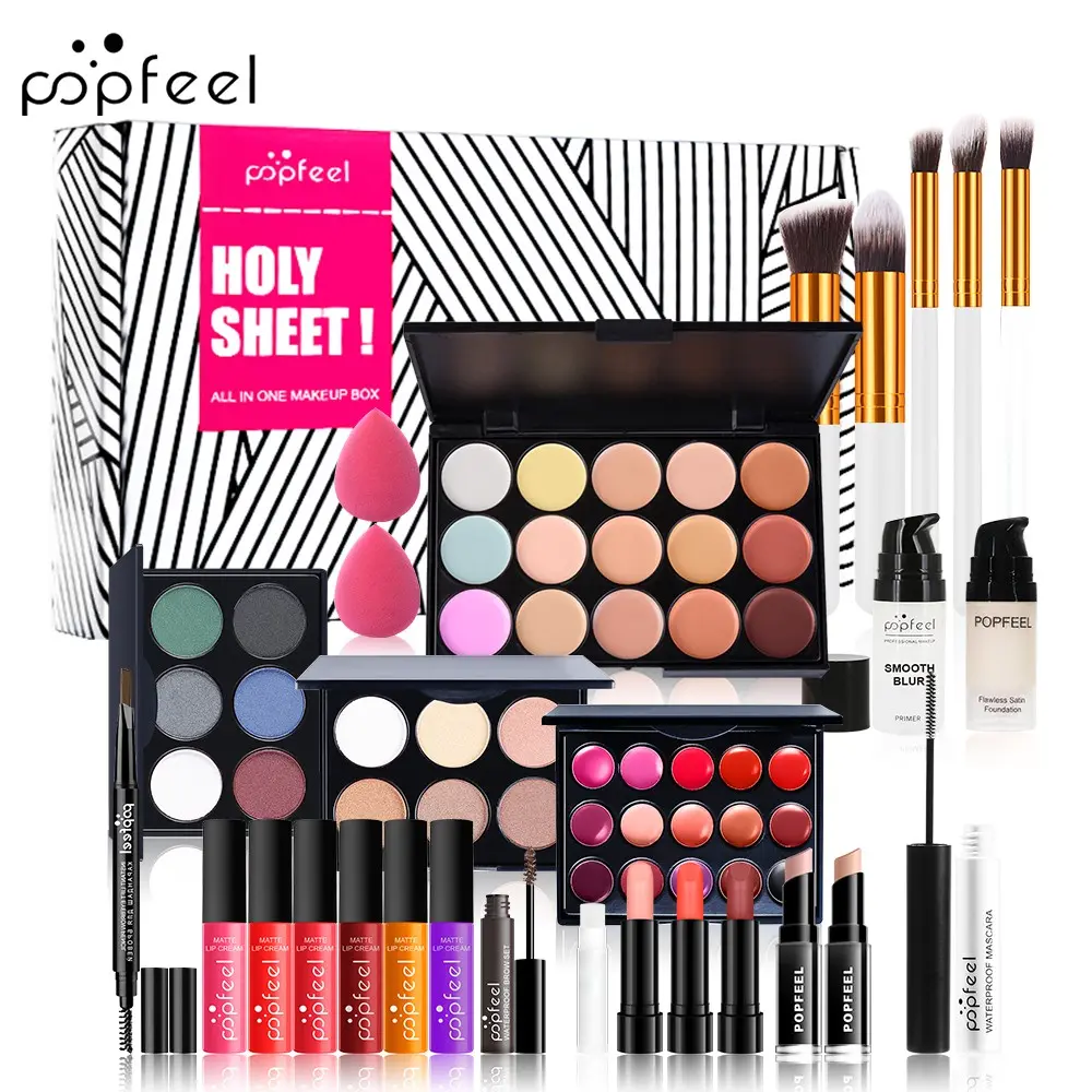 Popfeel Professional Makeup Kit Set, High Pigment Eyeshadow Palette, Matte Lipstick, Concealer, Contour Powder, Foundation, Brush, Suitable for Beginners & Pros