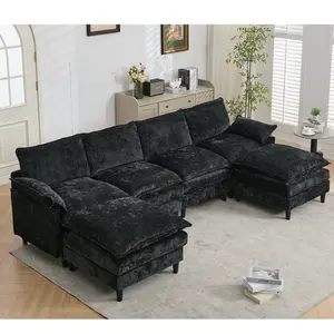 [NEW ARRIVED]Modular Sofa,U Shaped Cloud Couch Comfy Set ,6-Seater, 2 Armrest Pillows,Convertible Sectional  Couch, Living Room,Apartment, Chenille(2 Movable Ottoman),Black#Summervibes