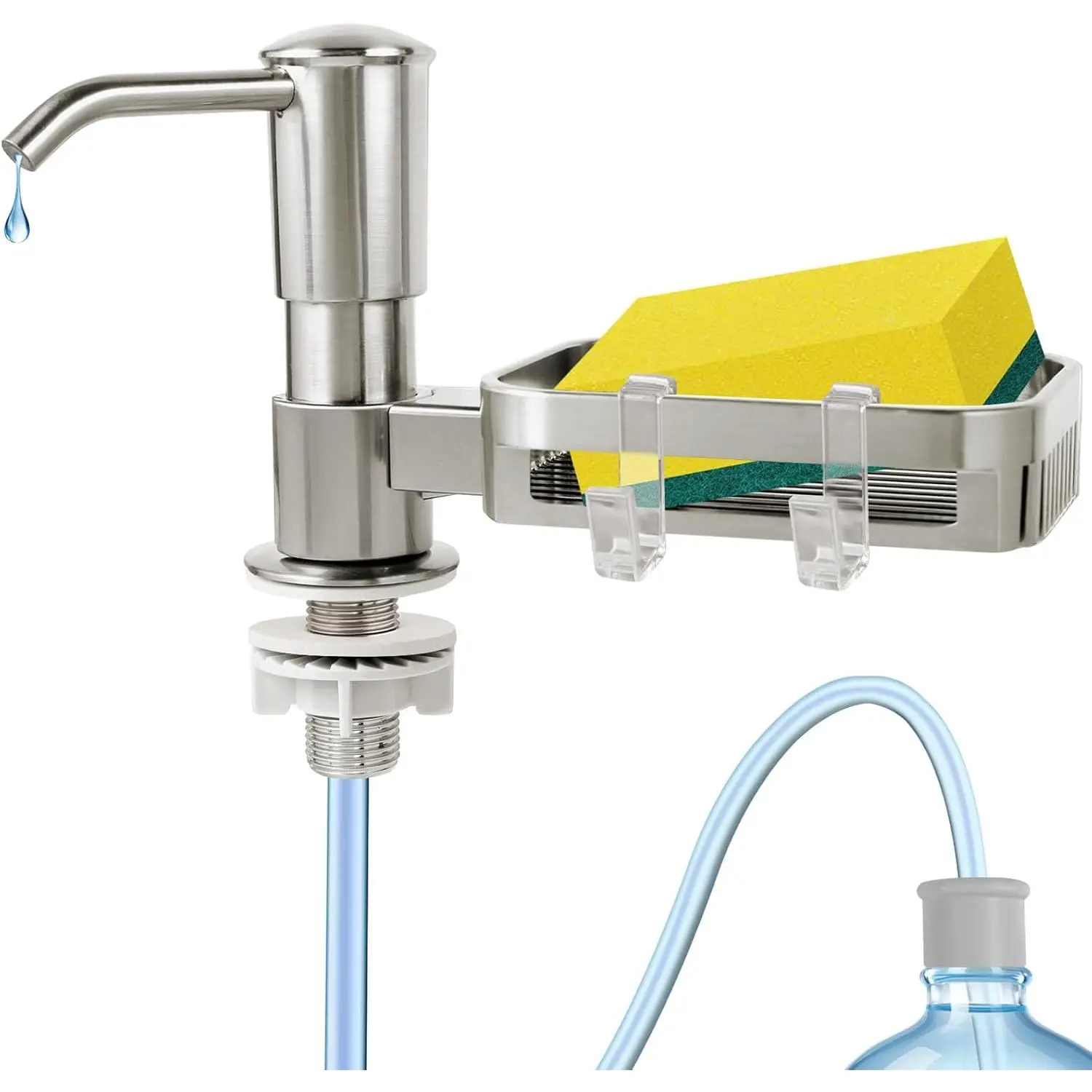 Soap Dispenser for Kitchen Sink,  in Sink Soap Dispenser Pump with Sponge Holder, Brushed Nickel ABS Sink Dish Soap Dispensers Under Counter, with 39" Extension Tube Kit,No Refill Needed