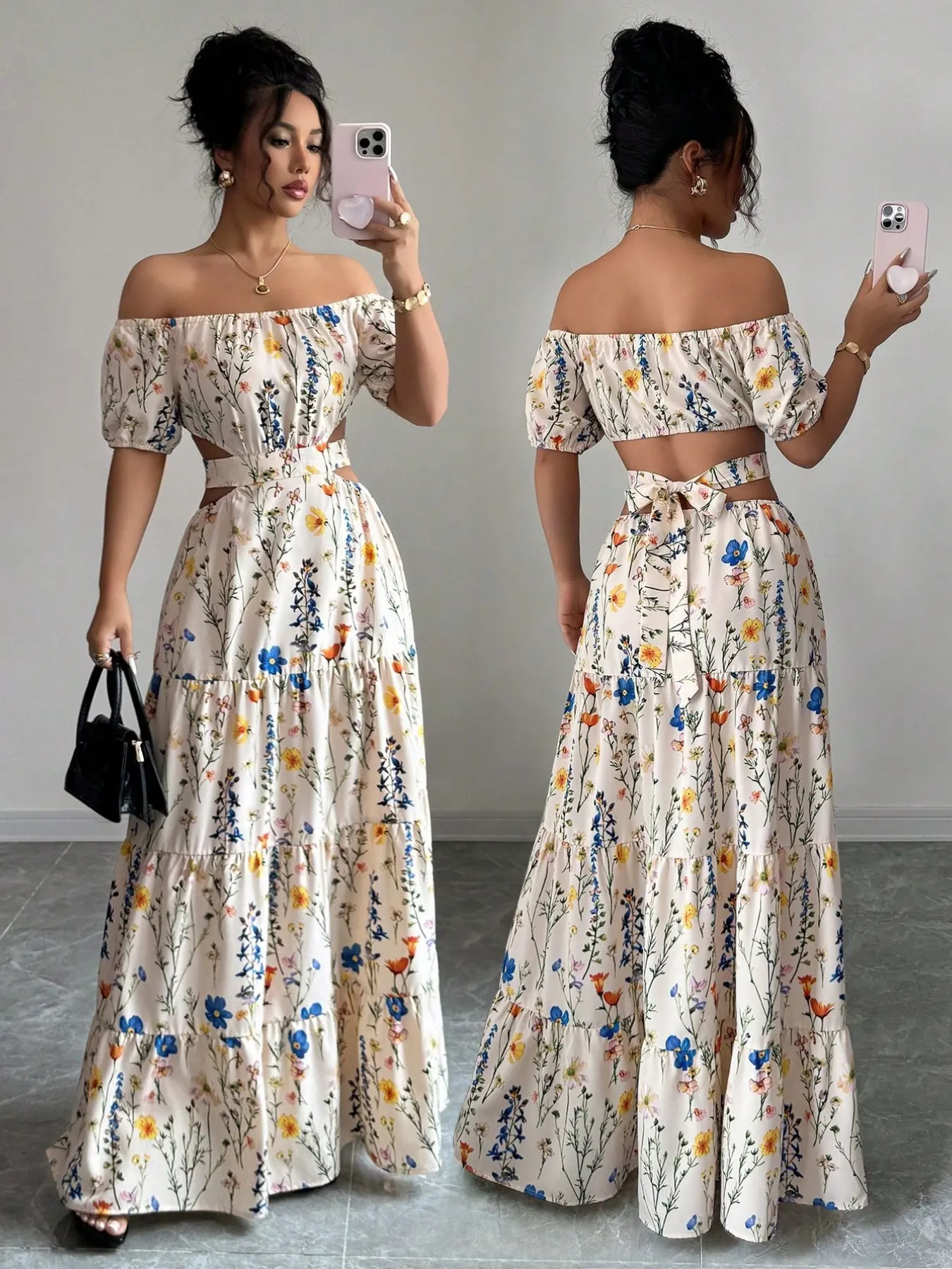 Elegant Feminine Backless Cross Strap Long Floral Print Dress for Women, Stylish Formal Evening Glam Gown, Perfect for Special Occasions, Chic and Timeless Design