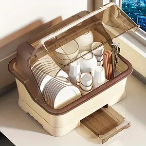 Space-Saving Dust-Proof Kitchen Rack, Versatile Dish Rack with Drain Pan, Cream Color, Ideal for Countertops & Cabinets