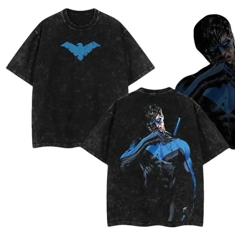Menswear Tshirt - Men's Superstyle Teen Titans #44 Dick Grayson Nightwing (Robin Hood #1) Hero Verse, Distressed Vintage Acid Washed Festive Cotton, Oversize Lightweight Round Neck Short Sleeve Unisex Streetwear Top
