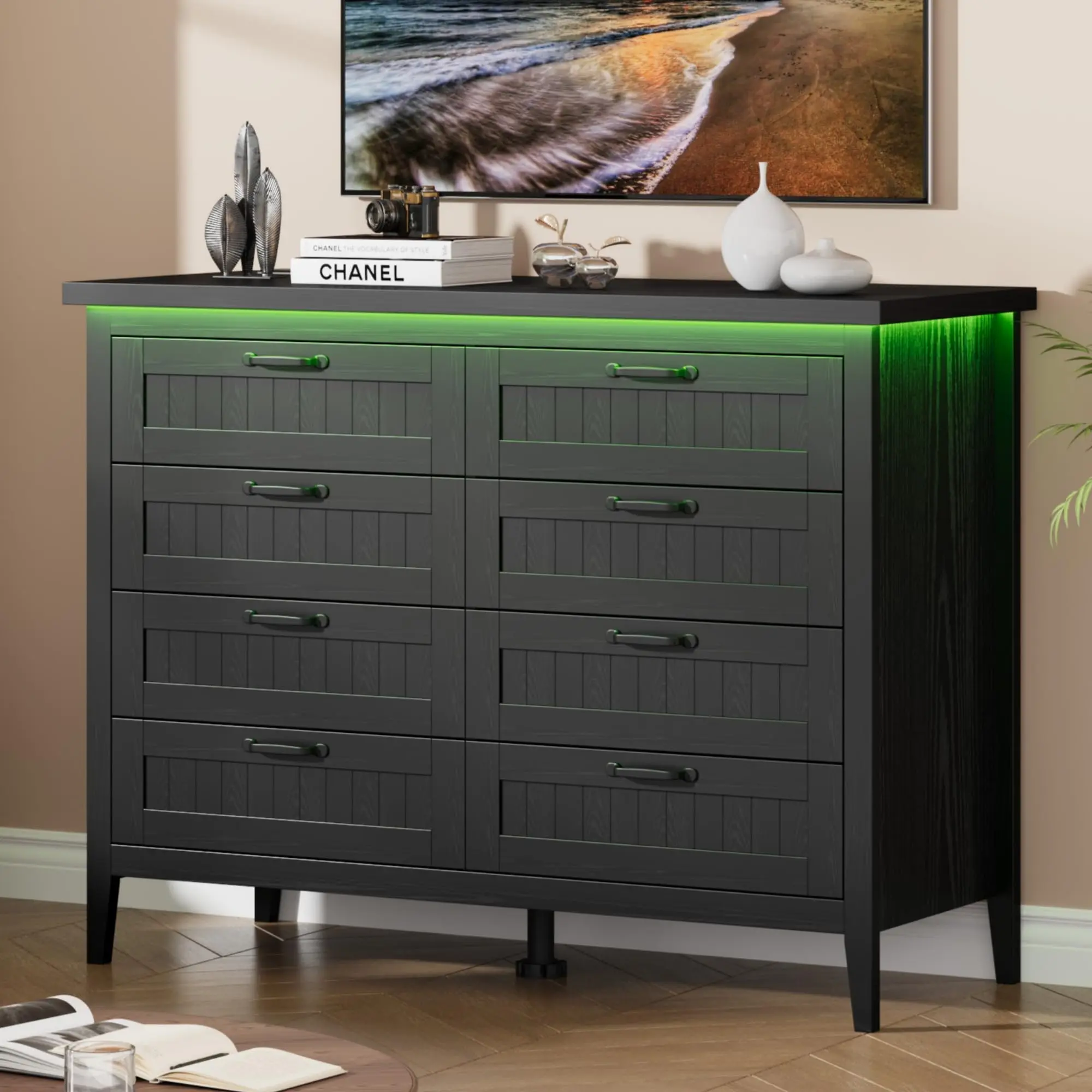 Wooden Dresser For Bedroom With 3/5/6/8 Drawer, Wood Chest Of Drawers with Power Outlet & RGB LED Light, Modern Double Wide Dresser, Storage Organizer Cabinet For Bedroom Living Room Home Furniture