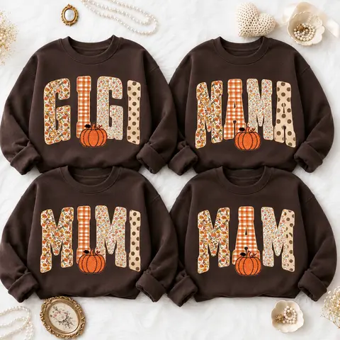 Custom Gigi Nana Mimi Mama Sweatshirt, Personalized Fall Pumpkin Shirt, Autumn Floral Gingham Polka Dot Crewneck, Family Matching Gift for Mom Nana Gigi Mimi Mama, Thanksgiving Pullover