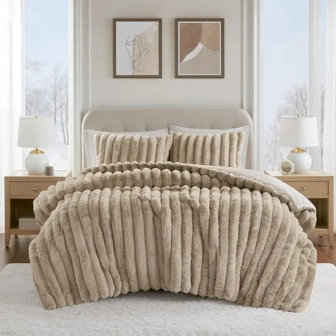 Madison Park Queen Size Bed Comforter Set - 3-Piece Ultrasoft Faux Fur Ribbed, Reversible Crystal Velvet, All-Season Bedding Set for Home Decor, Aesthetic Home Decor