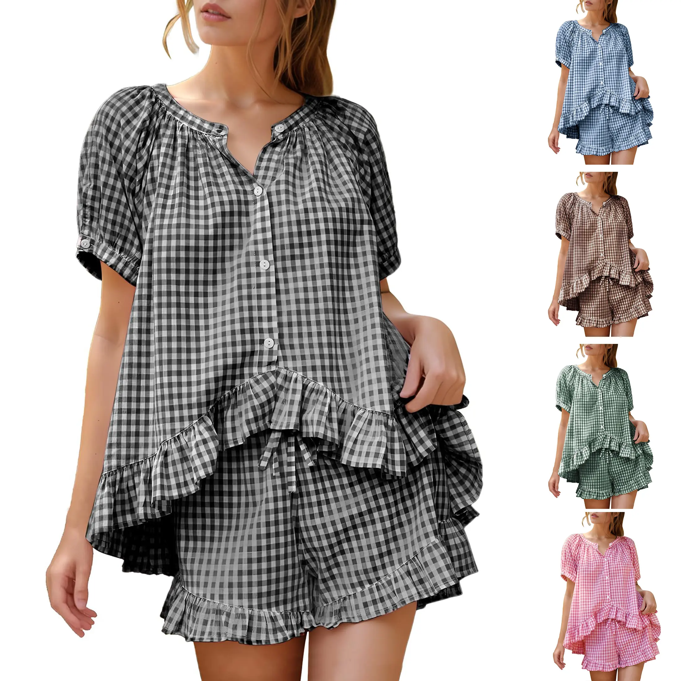 Molitree Women's Gingham 2 Piece Pajama Set Cotton Pj Ruffle Babydoll Short Sleeve Shirt Lounge Shorts Summer Outfits
