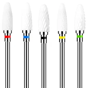 Ceramic Nail Drill Bits Set 5PCS Professional Corn Shape Carbide Bits Hard Gel Acrylic Removal Rotary Tool Fit Manicure Pedicure Cuticle Gel Nail Polishing Decoration (White)