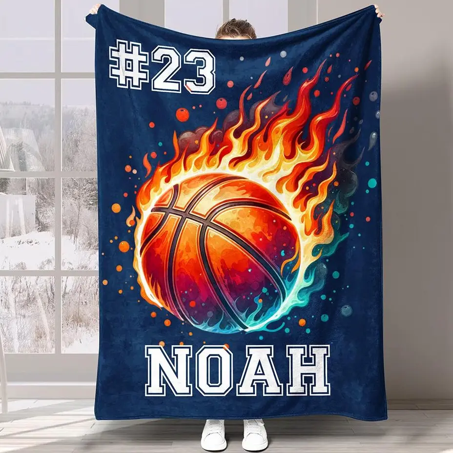 Chat to customize | Personalized Flaming Basketball Football Sports Ball Design Soft Throw Blanket with Name and Number Birthday Match Day Gift for Team Ball Games Lovers Unique Gift Printed in the USA room decor