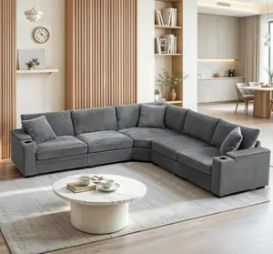 104" Convertible L-Shaped Sectional Sofa Corduroy Corner Couch with Armrest Storage Cup Holders USB Charger Irregular Corner Oversized Comfy Modular Sofa for Living Room Apartment