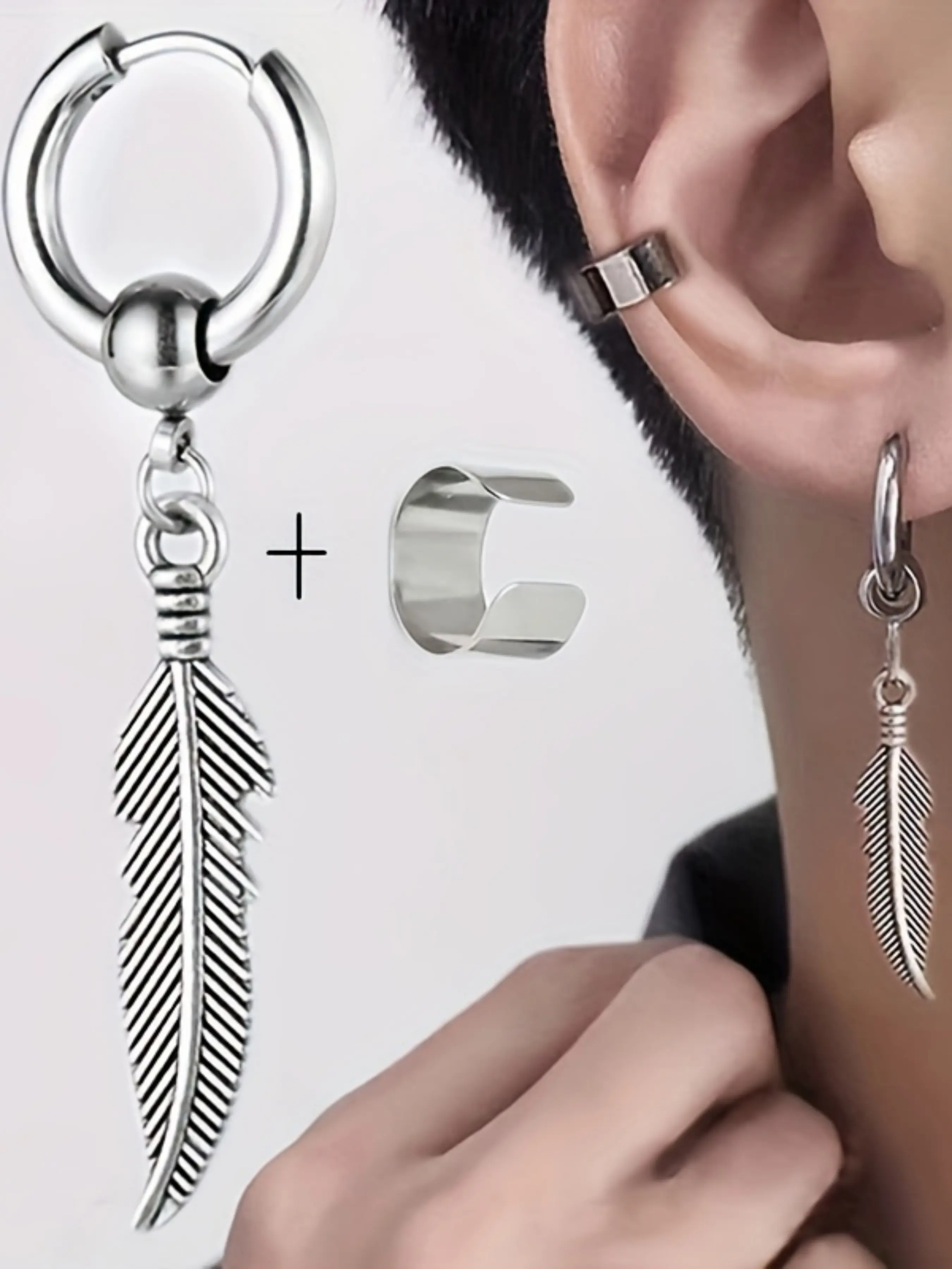 Two Pieces of Men'S Stylish Jewelry Featuring Stainless Steel Feather Pendant Earrings, Comfortable to Wear, Without Battery