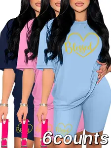 Women's Casual Printed Short Sleeve Top and Fitted Shorts Set, Stylish Summer for Home and Outdoor Loungewear, Comfortable Knit Fabric