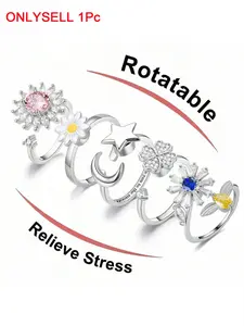 1Pc Female Decompression Ring Rotatable Opening Adjustable Finger Ring Relieve Anxiety Gift, Moon Star