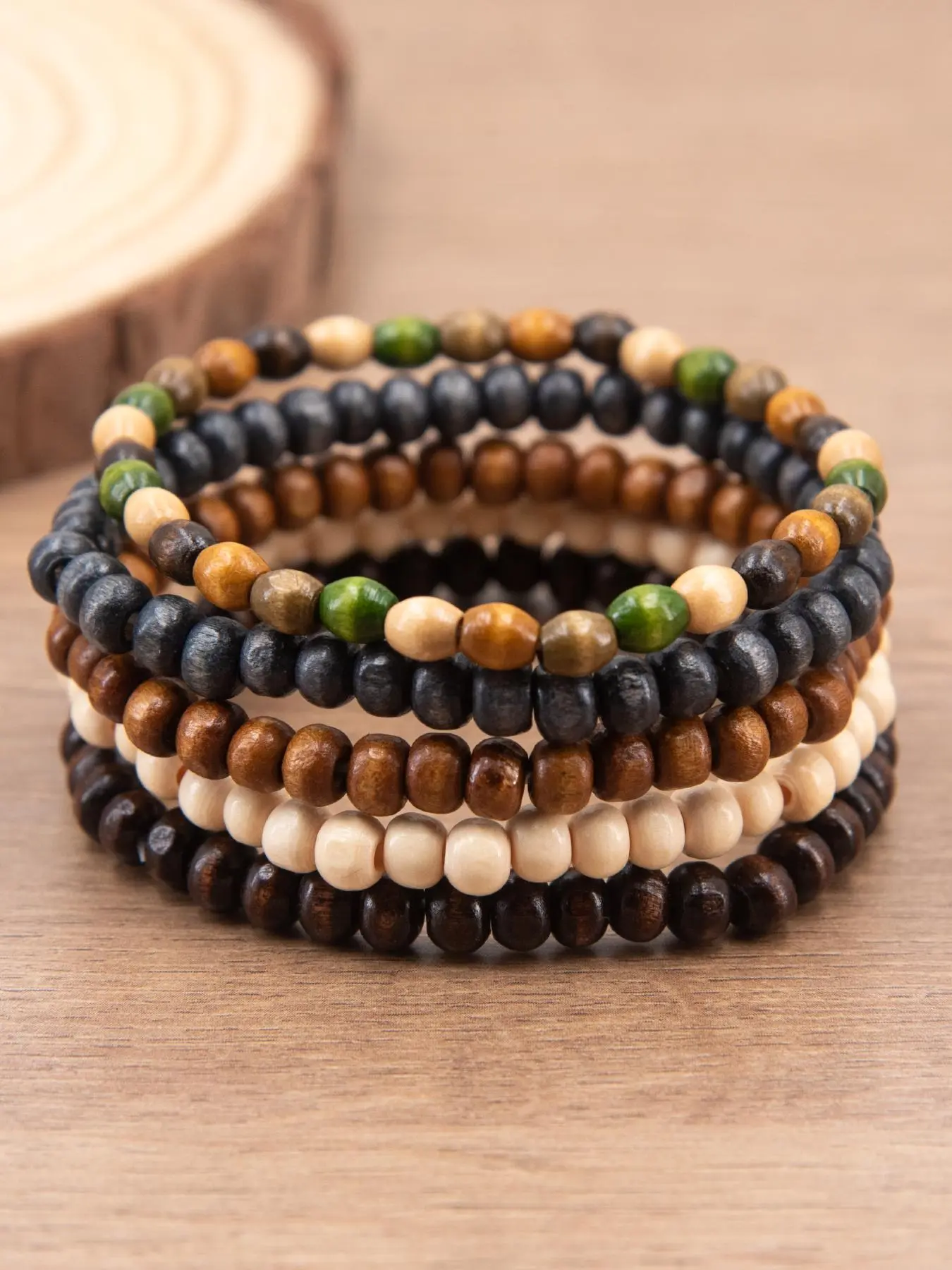 Women's 5-Piece Ethnic Beaded Bracelet Set - Wood Small Bead Bangles, Female Fashion Accessory, Suitable for Casual Wear, Holiday Gifts for Girlfriends, Boho Style Bracelet