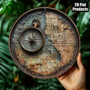 Antique Style Aluminum World Map Wall Decor 2D Art with Compass for Home Office Classroom 1 Piece Flat Metal Map