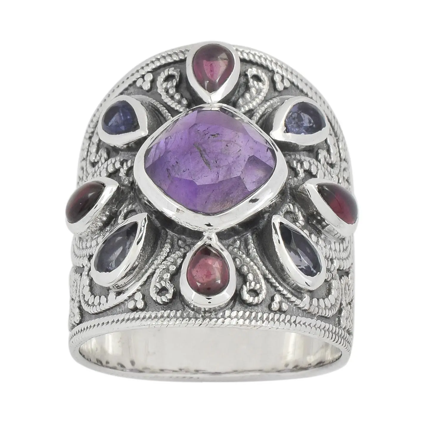 Artisan Crafted Sterling Multi-Gemstone Cigar Ring, Sterling