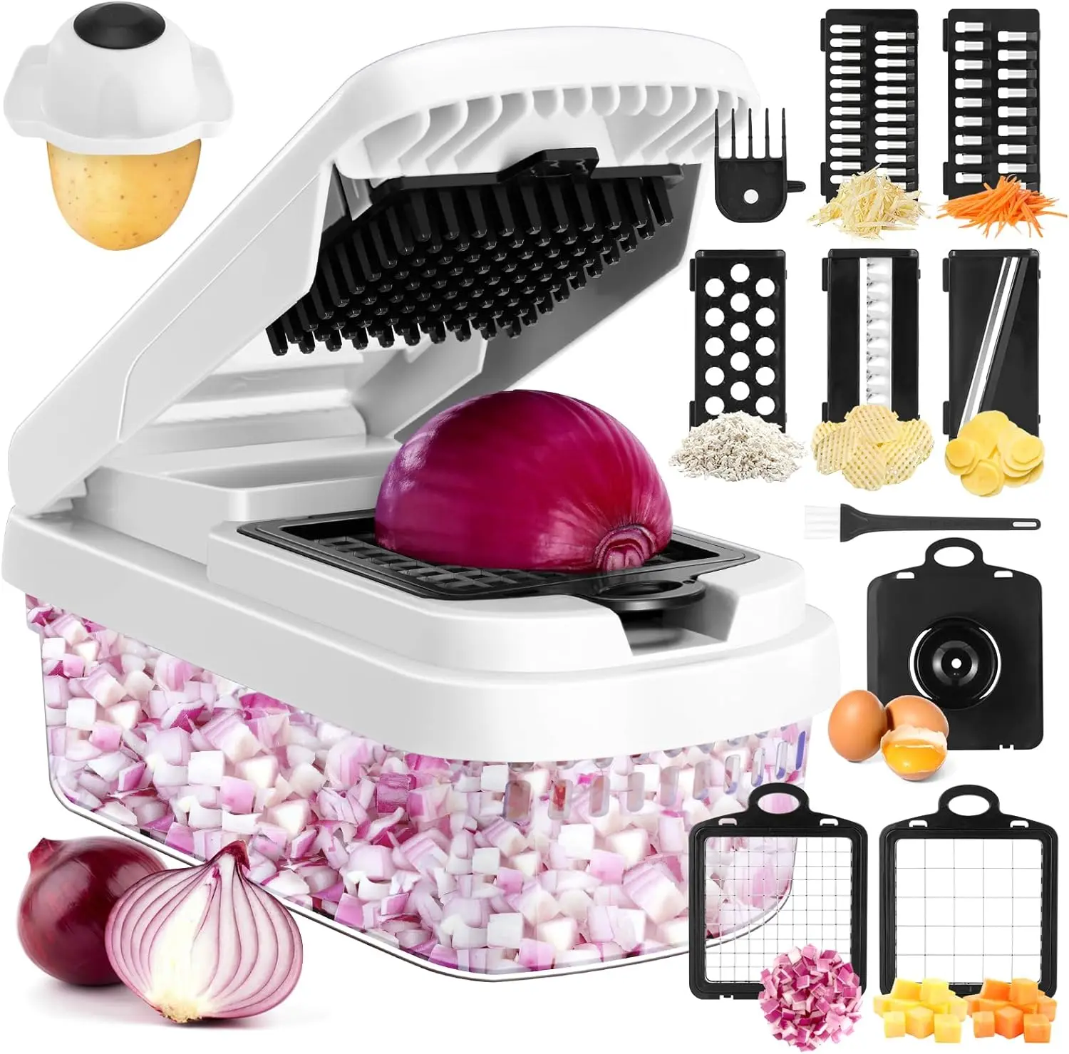12-in-1 Vegetable Chopper with 7 Stainless Steel Blades Egg White Separator Hand Protector & Cleaning Tools White Kitchen Essential Gadget for Efficient Cooking
