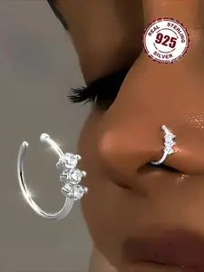 S925 sterling silver 1 pair of women's shiny nose rings, inlaid with synthetic cubic zirconia, adjustable and non perforated, suitable for daily fashion wear, Nose piercing jewelry